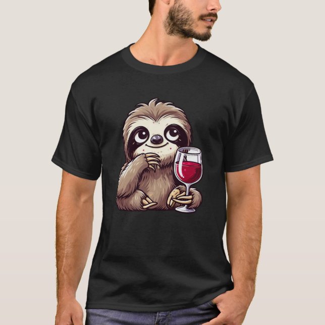 Cute sloth drinking red wine funny cartoon T-Shirt (Front)