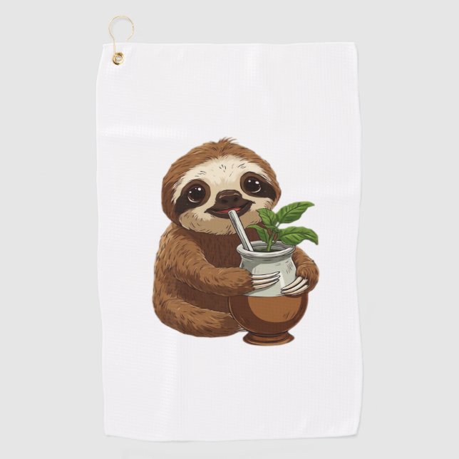 Cute Sloth Drinking Yerba Mate – Adorable Kawaii A Golf Towel (Front)