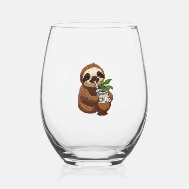 Cute Sloth Drinking Yerba Mate � Adorable Kawaii A Stemless Wine Glass (Front)