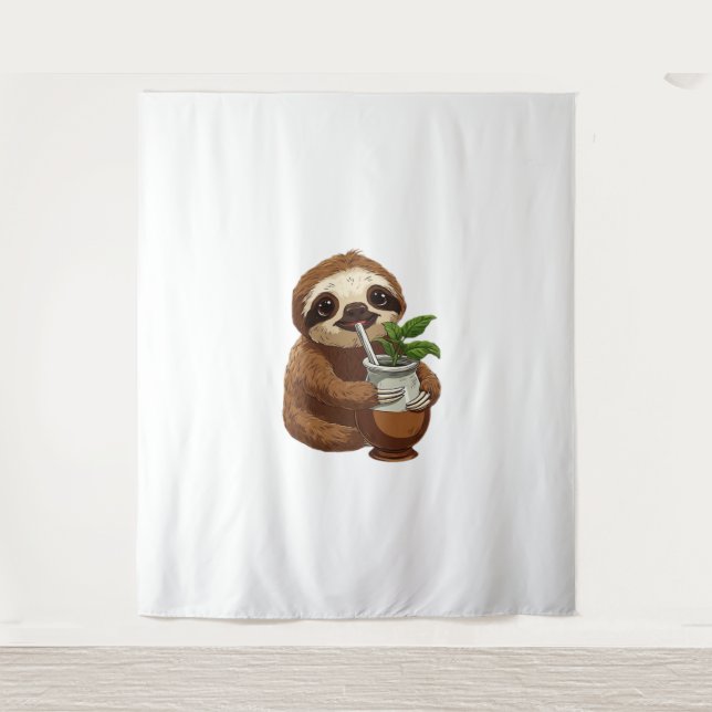Cute Sloth Drinking Yerba Mate – Adorable Kawaii A Tapestry (Front)