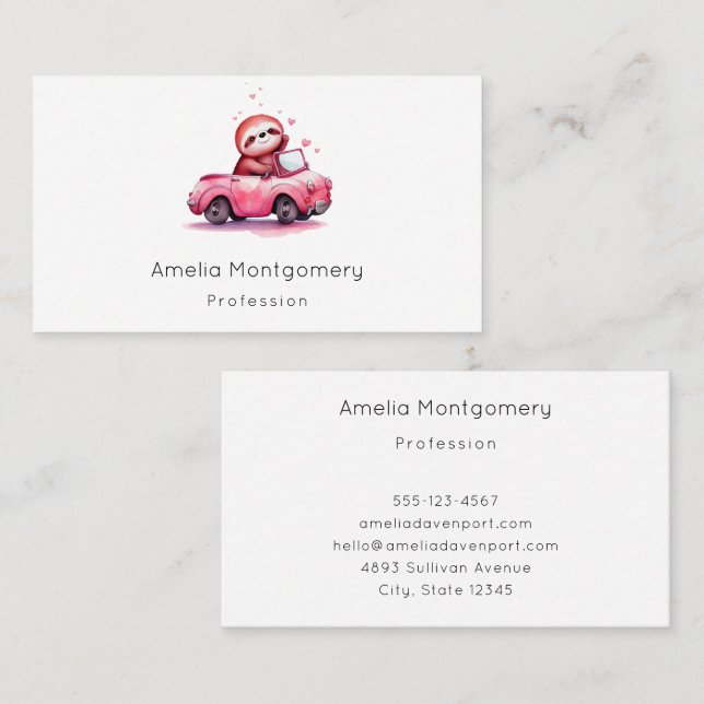 Cute Sloth Driving a Pink Convertible Business Card (Front/Back)