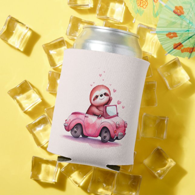 Cute Sloth Driving a Pink Convertible Can Cooler (In Situ Summer)