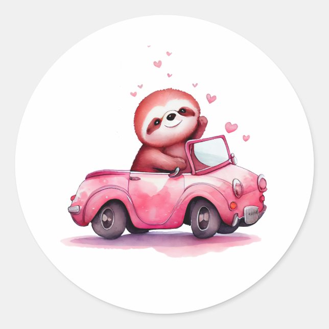 Cute Sloth Driving a Pink Convertible Classic Round Sticker (Front)