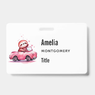 Cute Sloth Driving a Pink Convertible ID Badge