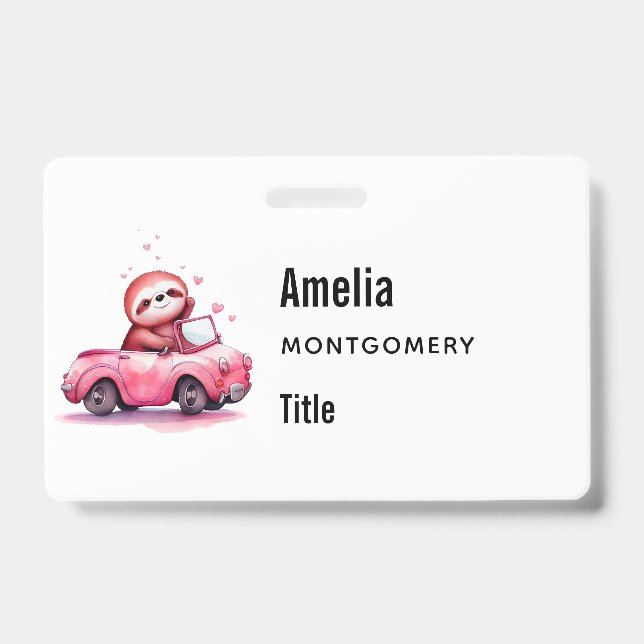 Cute Sloth Driving a Pink Convertible ID Badge (Front)