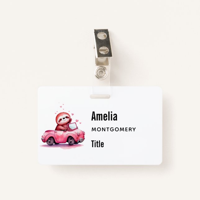 Cute Sloth Driving a Pink Convertible ID Badge (Front with Clip)