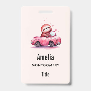 Cute Sloth Driving a Pink Convertible ID Badge