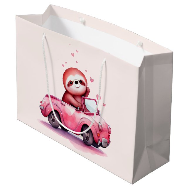 Cute Sloth Driving a Pink Convertible Large Gift Bag (Back Angled)