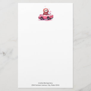 Cute Sloth Driving a Pink Convertible Stationery