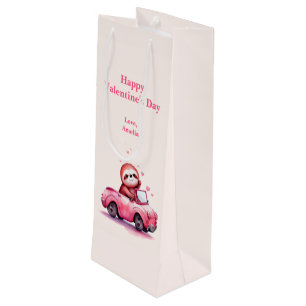 Cute Sloth Driving a Pink Convertible Valentine's  Wine Gift Bag