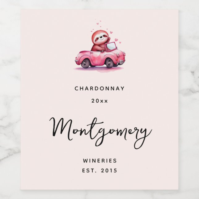 Cute Sloth Driving a Pink Convertible Wine Making Label (Single Label)