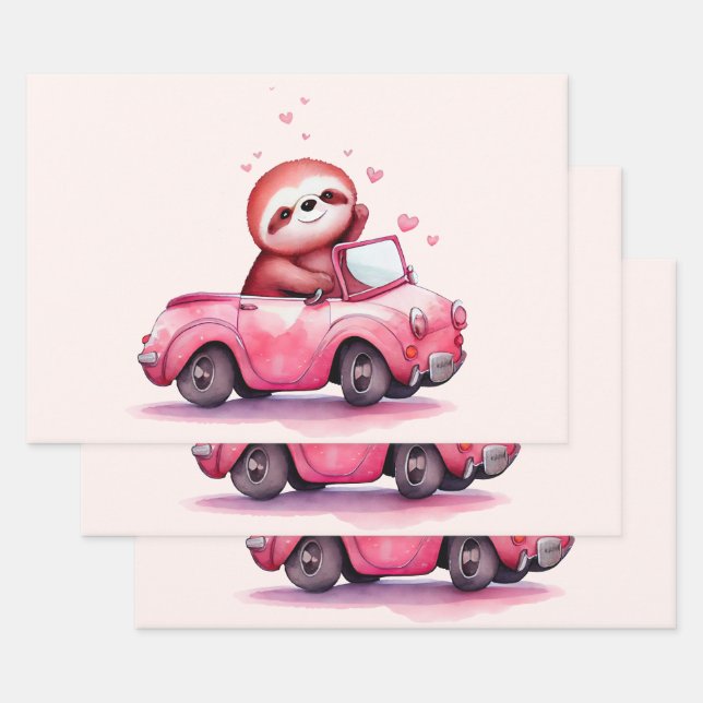 Cute Sloth Driving a Pink Convertible Wrapping Paper Sheet (Set)