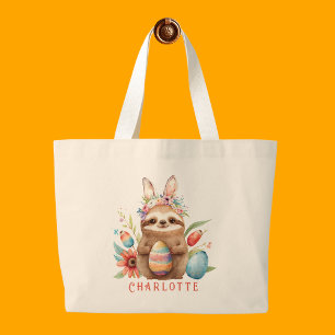 Cute Sloth Easter Bunny Rabbit Eggs Name Large Tote Bag