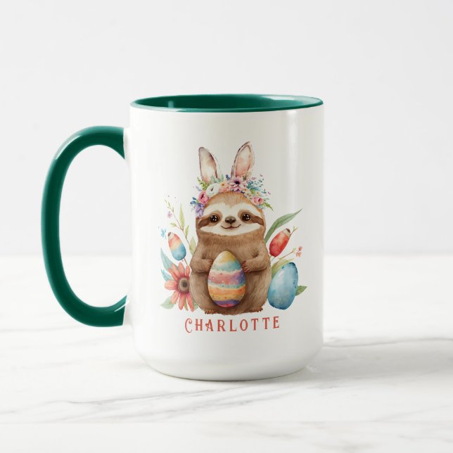 Cute Sloth Easter Bunny Rabbit Eggs Name Mug (Left)