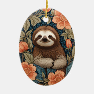 Cute Sloth Elegant Floral William Morris Inspired Ceramic Ornament