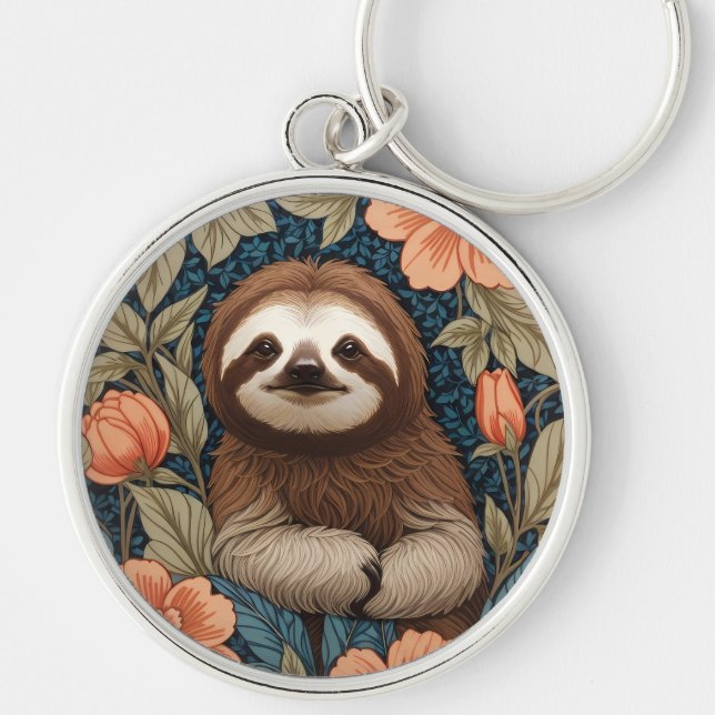 Cute Sloth Elegant Floral William Morris Inspired Key Ring (Front)