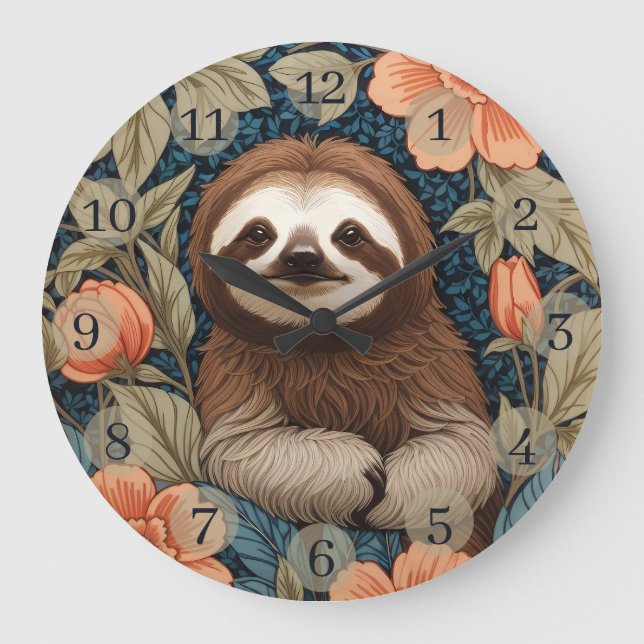 Cute Sloth Elegant Floral William Morris Inspired Large Clock (Front)