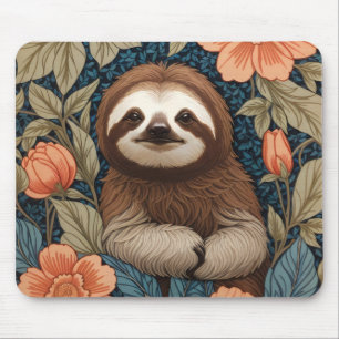Cute Sloth Elegant Floral William Morris Inspired Mouse Pad