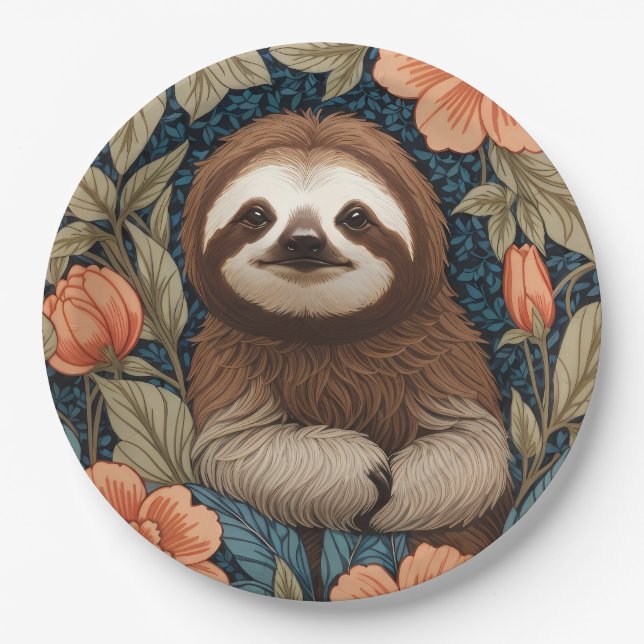 Cute Sloth Elegant Floral William Morris Inspired Paper Plate (Front)