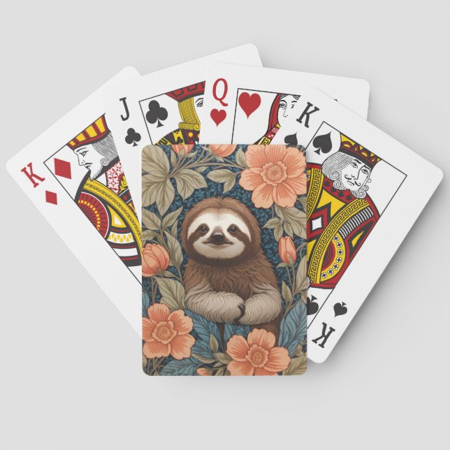 Cute Sloth Elegant Floral William Morris Inspired Playing Cards (Back)