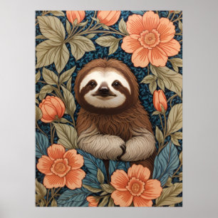 Cute Sloth Elegant Floral William Morris Inspired Poster