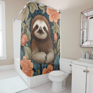 Cute Sloth Elegant Floral William Morris Inspired Shower Curtain