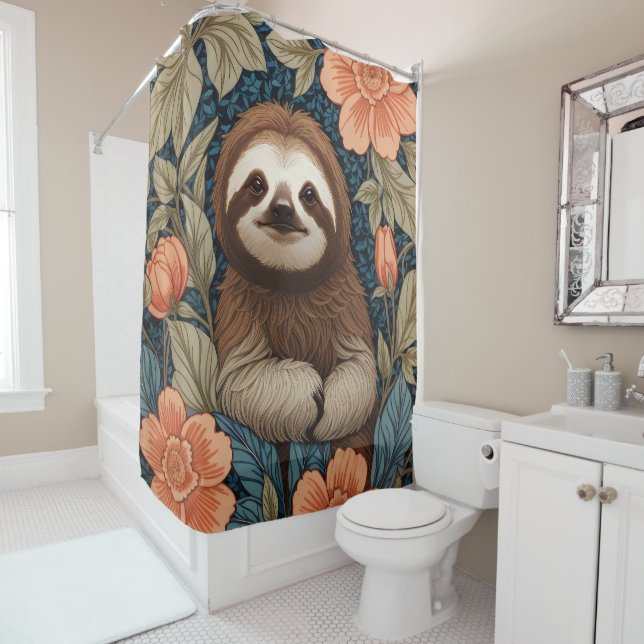 Cute Sloth Elegant Floral William Morris Inspired Shower Curtain (In Situ)