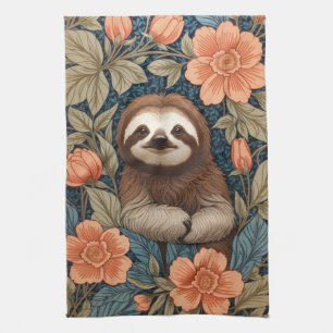 Cute Sloth Elegant Floral William Morris Inspired Tea Towel