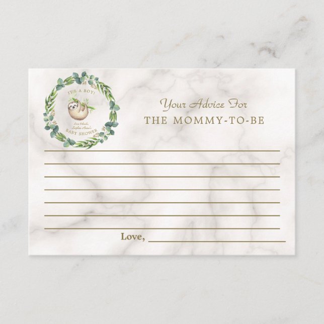 Cute Sloth Eucalyptus Baby Shower Parents Advice Card (Front)