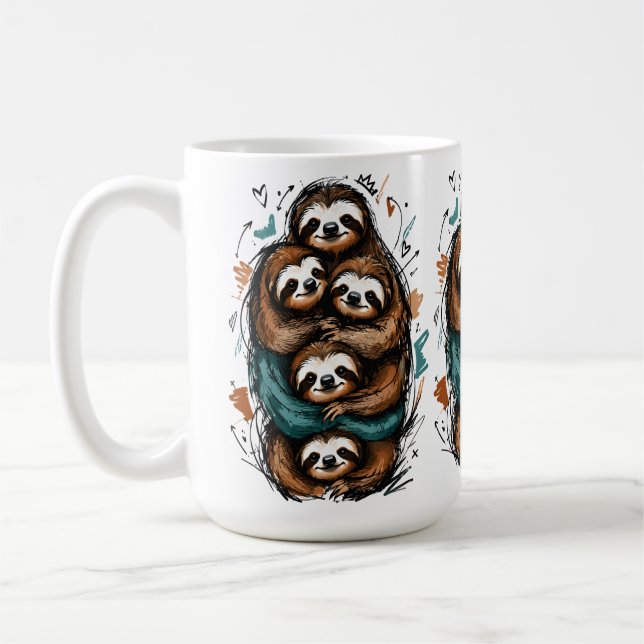 Cute Sloth Family Stack – Funny Hand-Drawn Coffee Mug (Left)