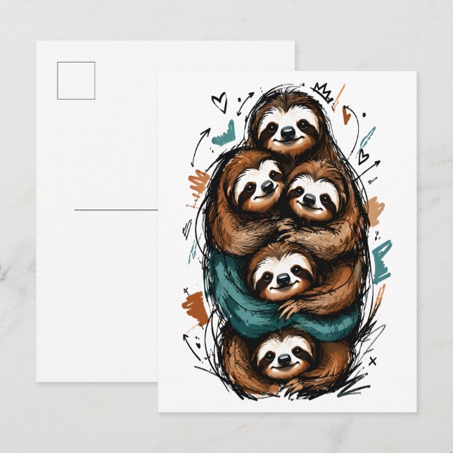 Cute Sloth Family Stack – Funny Hand-Drawn Postcard (Front/Back)