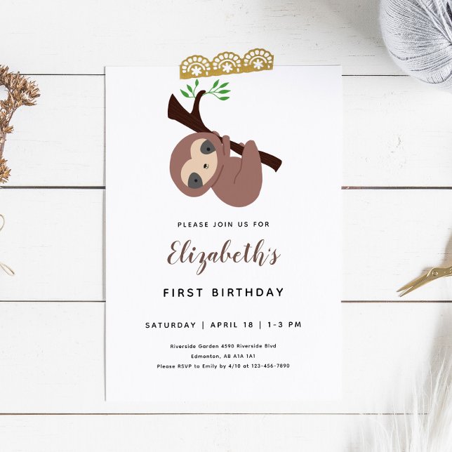 Cute Sloth First Birthday Adorable Animal Kawaii Invitation (Creator Uploaded)