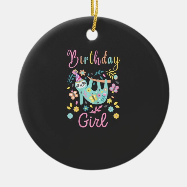 Cute Sloth Floral Girls Birthday Party T-Shirt Ceramic Ornament (Front)