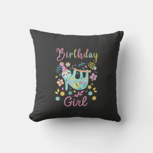 Cute Sloth Floral Girls Birthday Party T-Shirt Cushion