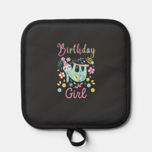 Cute Sloth Floral Girls Birthday Party T-Shirt Pot Holder (Front)