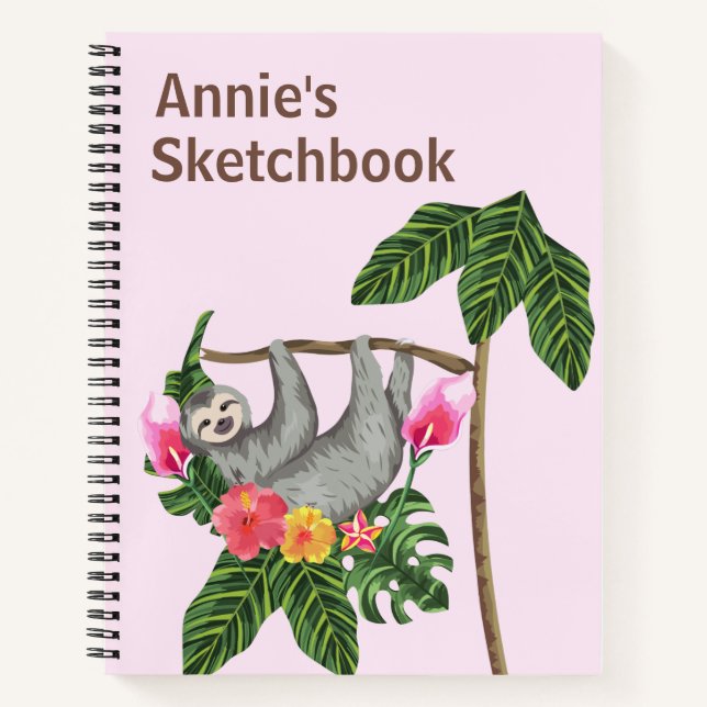 Cute Sloth Floral Personalised Kids Sketchbook Notebook (Front)