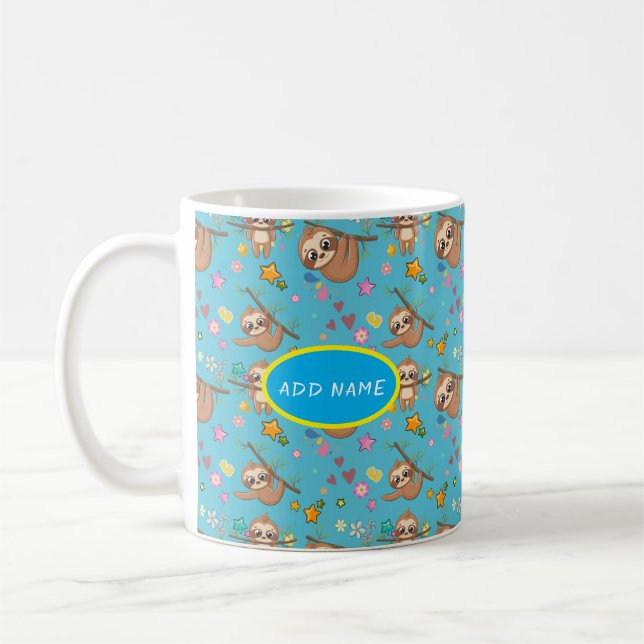 Cute Sloth | Flowers Blue Pattern Stars Template Coffee Mug (Left)