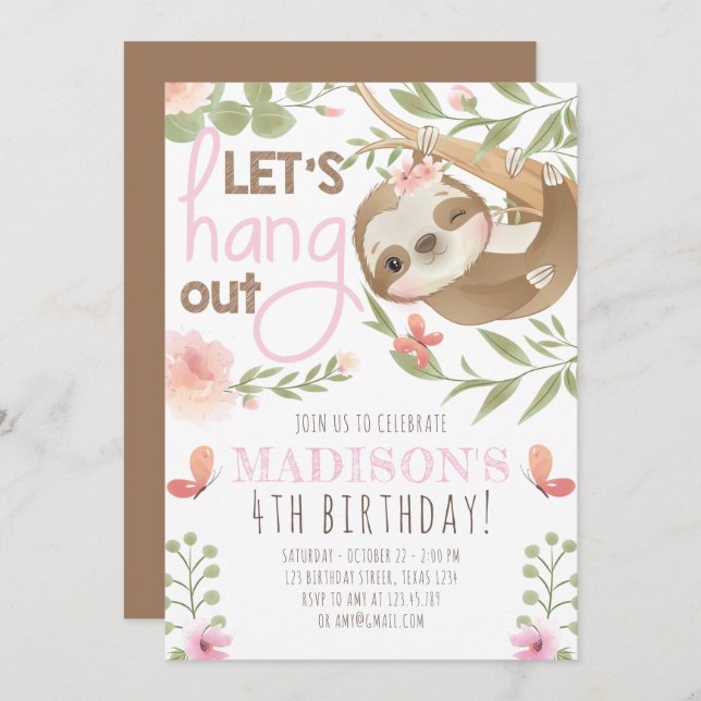 Cute Sloth Girl Birthday  Invitation (Front/Back)
