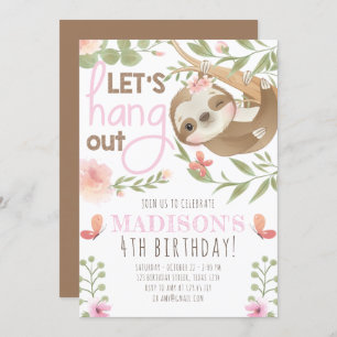 Cute Sloth Girl Birthday Invitation