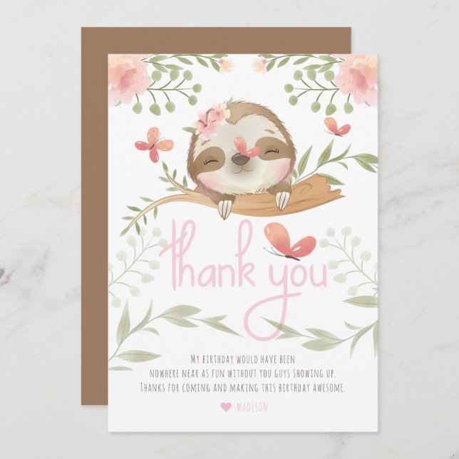 Cute Sloth Girl Birthday Thank You Card (Front/Back)