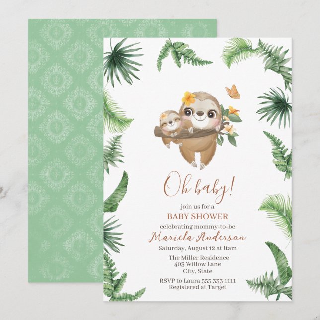 Cute Sloth Greenery Watercolor Baby Shower Invitation (Front/Back)