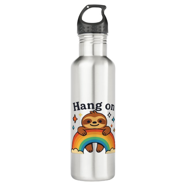 Cute Sloth �Hang On� Rainbow Positive Quote Sticke 710 Ml Water Bottle (Front)