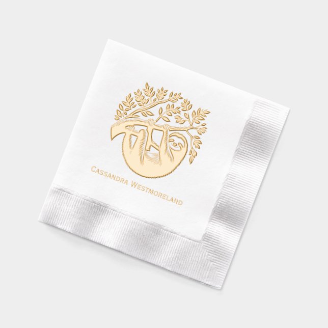 Cute Sloth Hanging From Leafy Tree with Name Foil Napkins (Left)