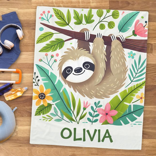 Cute Sloth Hanging from Tree in Jungle Fleece Blanket (Creator Uploaded)