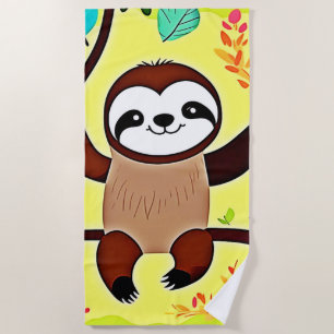 Cute Sloth Hanging on a Tree Branch Beach Towel