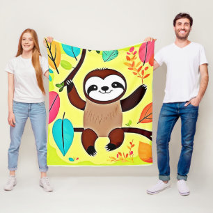 Cute Sloth Hanging on a Tree Branch Fleece Blanket