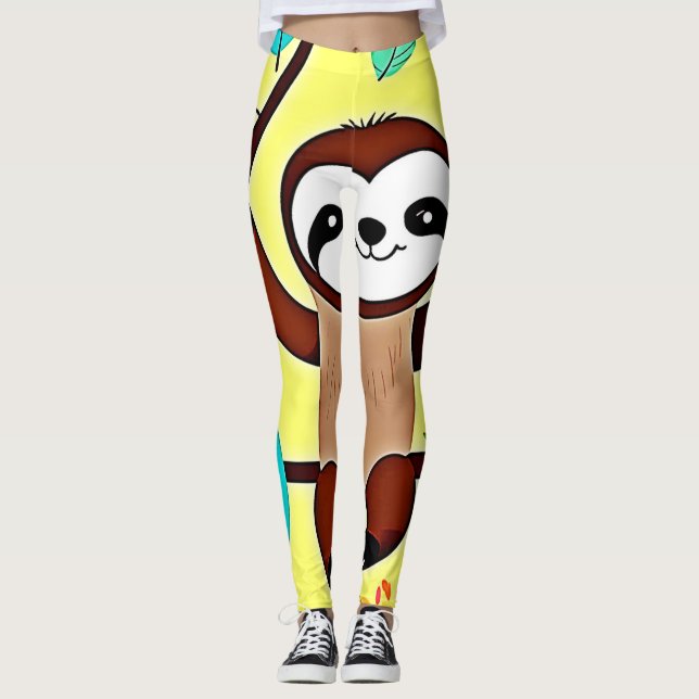 Cute Sloth Hanging on a Tree Branch Leggings (Front)