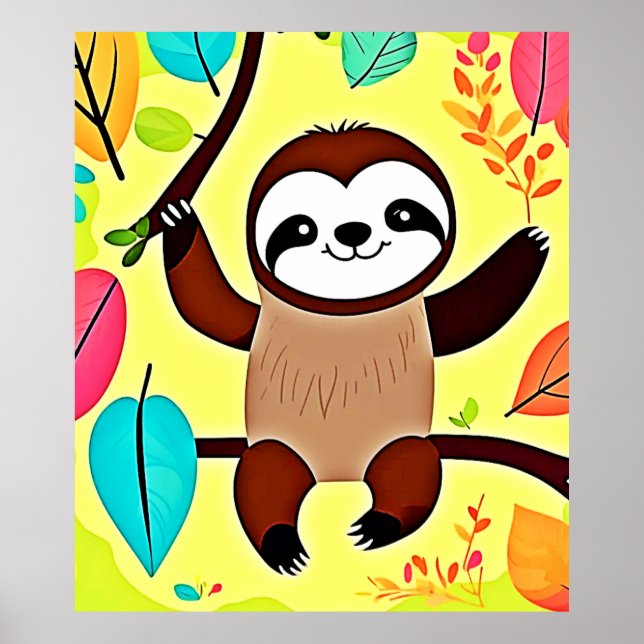 Cute Sloth Hanging on a Tree Branch Poster (Front)