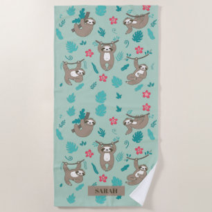 Cute Sloth Hanging Pattern Personalised Name Beach Towel