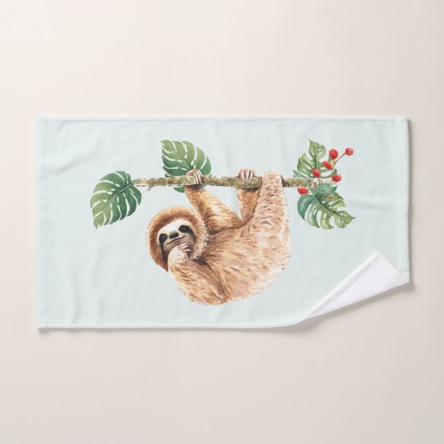 Cute Sloth Hanging Upside Down Watercolor Bath Towel Set (Hand Towel)